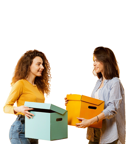 Two women exchanging colorful boxes - representing the Swap it community sharing and swapping items